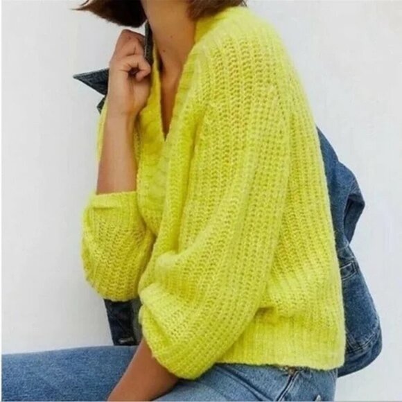 Anthropologie Honore Ribbed Sweater Wool Blend Neon Yellow - Picture 1 of 12